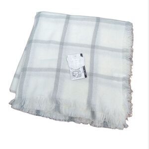 Essential Fall White & Gray Windowpane Plaid Oversized Blanket Scarf Fringe Trim